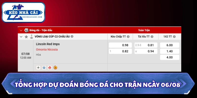 Soi Kèo Lincoln Red Imps FC Vs Omonia Nicosia FC Lúc 23H00 Ngày 07/08 - UEFA Europa 4 Tổng hợp dự đoán bóng đá cho trận ngày 06/08